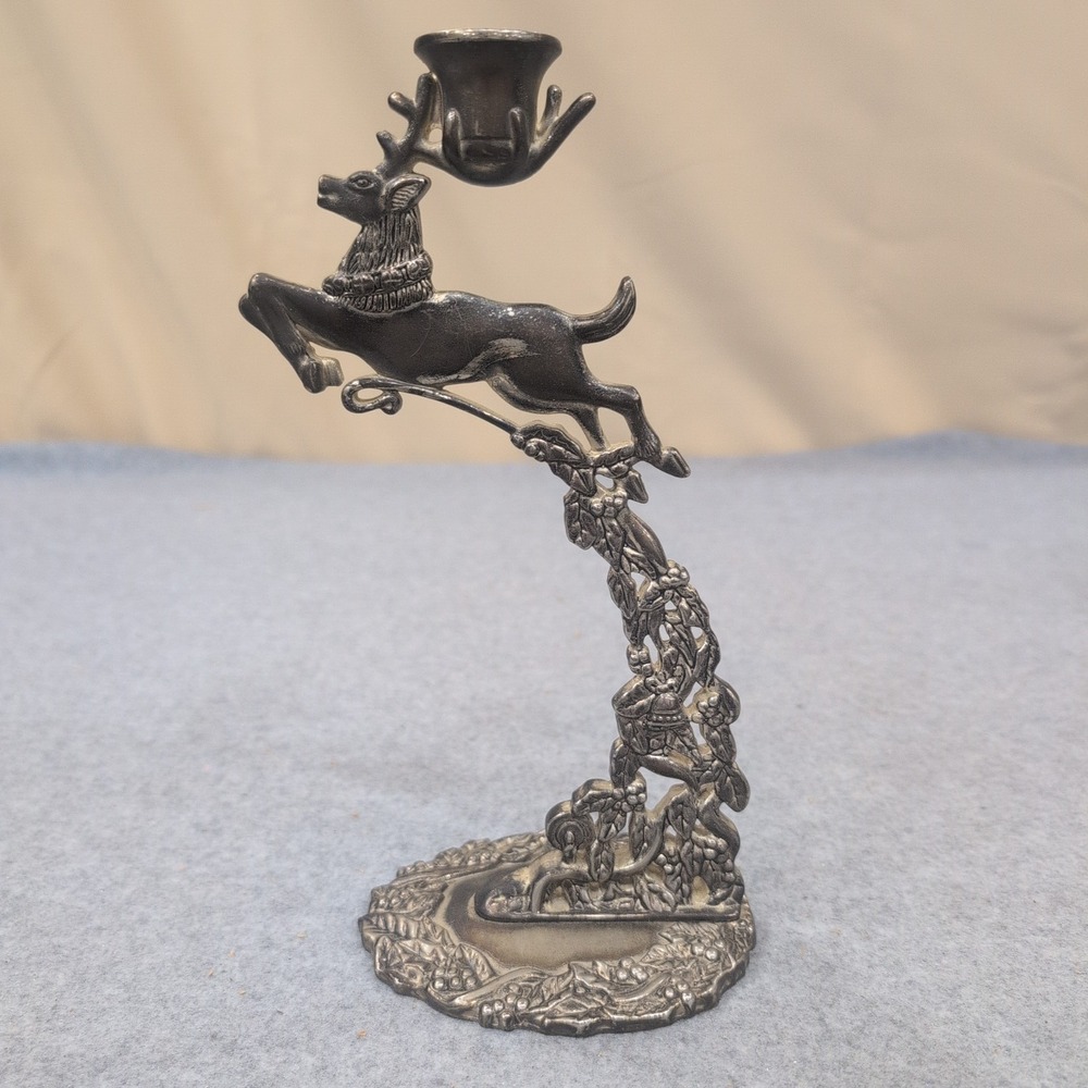 Silver‎ Tone Leaping Reindeer Taper Candle Holder Holly Berry Base Holiday Decor